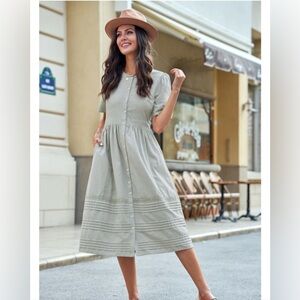 NWT Petallush Short Sleeve Round Neck Button Cotton Midi Dress Pleated Size XL